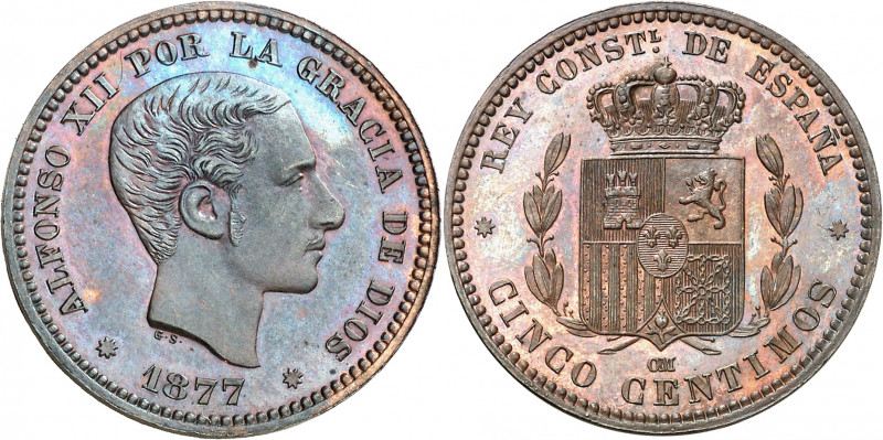 1877. Alfonso XII. Barcelona. OM. 5 céntimos. (AC. 4). Parece una prueba. Bellís...