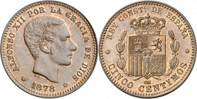 1878. Alfonso XII. Barcelona. OM. 5 céntimos. (AC. 5). Muy bella. Brillo original. Escasa así. 5,07 g. S/C.