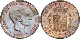 1877. Alfonso XII. Barcelona. OM. 10 céntimos. (AC. 8). Bella. Brillo original. Escasa. 10 g. S/C.