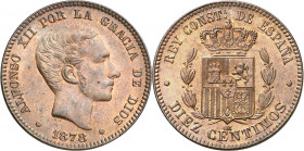 1878. Alfonso XII. Barcelona. OM. 10 céntimos. (AC. 9). Bella. Brillo original. Escasa así. 10,04 g. S/C-.