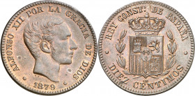 1879. Alfonso XII. Barcelona. OM. 10 céntimos. (AC. 10). Bella. Parte de brillo original. Escasa así. 9,90 g. EBC+.