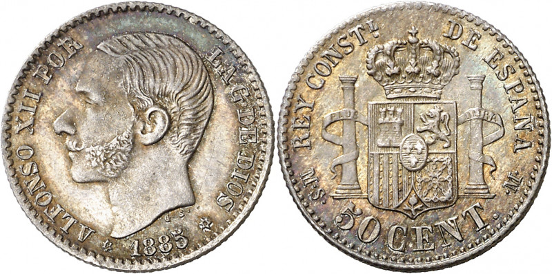 1885/1*86. Alfonso XII. MSM. 50 céntimos. (AC. 13). Bella. Brillo original. Esca...