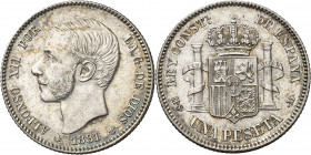 1881*1881. Alfonso XII. MSM. 1 peseta. (AC. 17). Mínimas rayitas. Bella. Rara así. 5,09 g. EBC/EBC+.