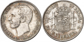 1882*1882. Alfonso XII. MSM. 1 peseta. (AC. 20). Bella. Preciosa pátina. Rara así. 5,05 g. EBC+.