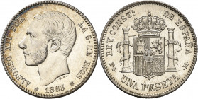 1883*1883. Alfonso XII. MSM. 1 peseta. (AC. 21). El reverso calcado en anverso. Preciosa pátina. Bella. Brillo original. Rara así. 4,94 g. EBC+.