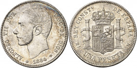 1884/3*1884. Alfonso XII. MSM. 1 peseta. (AC. 22). Bella. Brillo original. Extraordinario ejemplar para este difícil año. 5,01 g. EBC-/EBC.