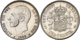1885*1885. Alfonso XII. MSM. 1 peseta. (AC. 24). Mínimas rayitas. Golpecito en canto del reverso. Bella. Escasa así. 5 g. EBC/EBC+.