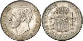 1885*1886. Alfonso XII. MSM. 1 peseta. (AC. 25). Mínima oquedad. Bellísima. Preciosa pátina. Brillo original. Rara y más así. 5 g. EBC+.