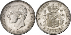 1879*1879. Alfonso XII. EMM. 2 pesetas. (AC. 26). Leves marquitas. Bella. Brillo original. Rara así. 10 g. S/C-.