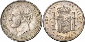 1883*1883. Alfonso XII. MSM. 2 pesetas. (AC. 33). Bella. Brillo original. Rara así. 9,93 g. EBC+.
