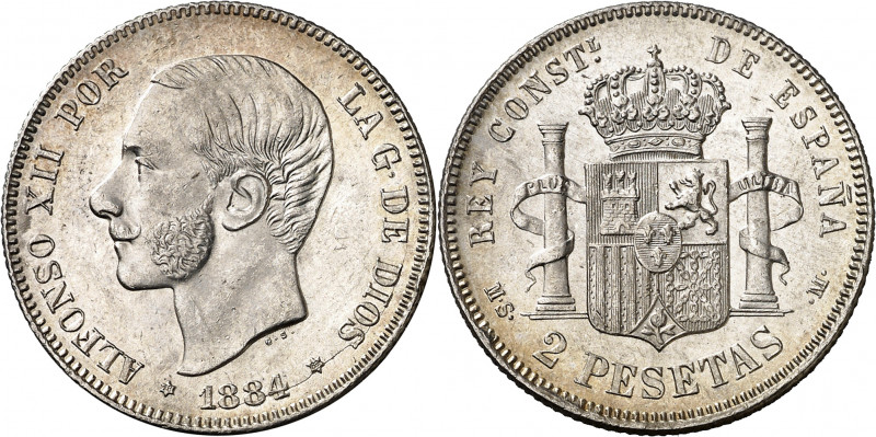 1884*1884. Alfonso XII. MSM. 2 pesetas. (AC. 34). Bella. Brillo original. Escasa...
