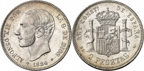 1884*1884. Alfonso XII. MSM. 2 pesetas. (AC. 34). Bella. Brillo original. Escasa así. 10 g. EBC+.