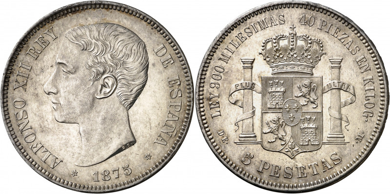 1875*1875. Alfonso XII. DEM. 5 pesetas. (AC. 35). Rara variante con la cola del ...