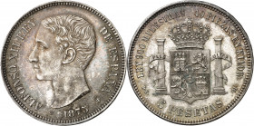 1875*1875. Alfonso XII. DEM. 5 pesetas. (AC. 35). Pabellón de la oreja rayado. Preciosa pátina. Rara así. 24,77 g. EBC+.