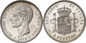1878*1878. Alfonso XII. DEM. 5 pesetas. (AC. 39). Leves rayitas. Bella. Escasa así. 25,04 g. EBC+.