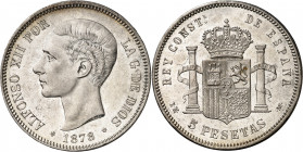 1878*1878. Alfonso XII. EMM. 5 pesetas. (AC. 41). Bella. Brillo original. Escasa así. 25,06 g. EBC+.