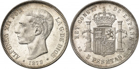 1879*1879. Alfonso XII. EMM. 5 pesetas. (AC. 42). Mínimas rayitas. Bella. Brillo original. Escasa así. 24,88 g. EBC+.