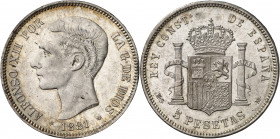 1881*1881. Alfonso XII. MSM. 5 pesetas. (AC. 44). Mínimas rayitas. Bella. Brillo original. Rara y más así. 24,91 g. EBC+.