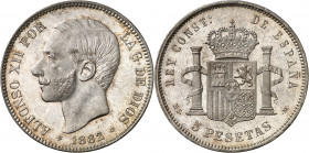 1882/1*1882/1. Alfonso XII. MSM. 5 pesetas. (AC. 46). Mínimos golpecitos. Muy bella. Brillo original. Rara y más así. 24,92 g. S/C-.
