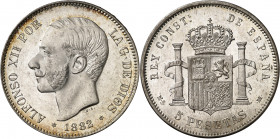 1882*1882. Alfonso XII. MSM. 5 pesetas. (AC. 51). Muy bella. Brillo original. Escasa así. 24,81 g. S/C-.