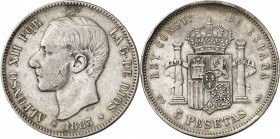 1883/1*1883. Alfonso XII. MSM. 5 pesetas. (AC. 53). Golpecitos. 24,70 g. MBC-.