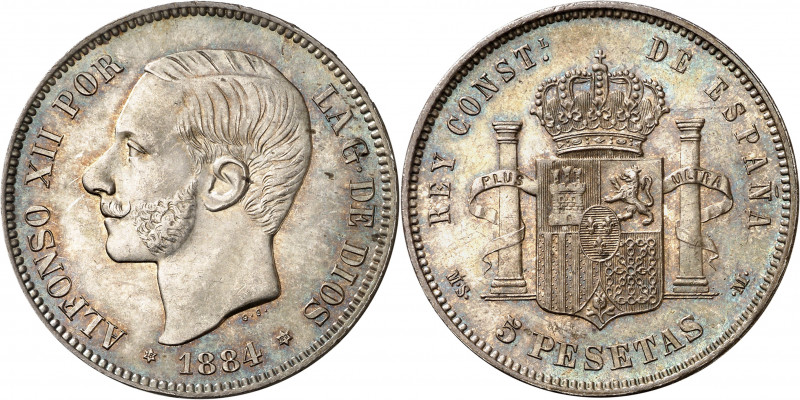 1884*1884. Alfonso XII. MSM. 5 pesetas. (AC. 57). Bellísima. Preciosa pátina. Ra...