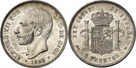 1885*1886. Alfonso XII. MSM. 5 pesetas. (AC. 61). Mínimas rayitas. Bella. Precioso color. Escasa así. 25,02 g. EBC+.
