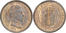1904*04. Alfonso XIII. SMV. 2 céntimos. (AC. 6). Atractiva. 2 g. EBC+.
