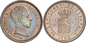 1904*04. Alfonso XIII. SMV. 2 céntimos. (AC. 8). Cifra 04 de la estrella invertida. Atractiva. Rara. 2,06 g. EBC/EBC+.