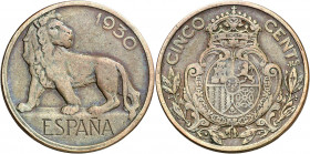 1930. Alfonso XIII. 5 céntimos. (AC. 18). Prueba no adoptada en cobre. Muy rara, sólo hemos tenido tres ejemplares. 5,05 g. MBC+.