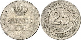 1907. Alfonso XIII. 25 céntimos. (AC. 21). Prueba no adoptada en níquel. Acuñada sobre un cospel mal batido. Muy rara. 6,96 g. (MBC+).