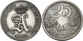 1926. Alfonso XIII. 25 céntimos. (AC. 25, mismo ejemplar). Prueba no adoptada en plata. Bella. Rarísima, no hemos tenido ninguna otra. 7,91 g. S/C-.
