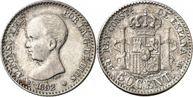 1892/82*22. Alfonso XIII. PGM. 50 céntimos. (AC. 29). 2,52 g. EBC-.