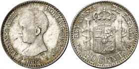 1892*92. Alfonso XIII. PGM. 50 céntimos. (AC. 38). Bella. 2,50 g. S/C-.