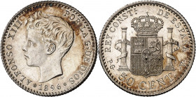 1896*96. Alfonso XIII. PGV. 50 céntimos. (AC. 44). Bella. Escasa. 2,56 g. S/C-.