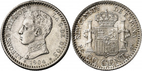 1904*10. Alfonso XIII. PCV. 50 céntimos. (AC. 47). Golpecito. Bella. Ex Colección Manuela Etcheverría. 2,52 g. EBC+.