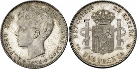 1896*1896. Alfonso XIII. PGV. 1 peseta. (AC. 56). Bella. Brillo original. 5,05 g. S/C-.