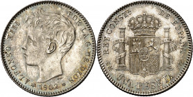 1902*1902. Alfonso XIII. SMV. 1 peseta. (AC. 64). Bella. Brillo original. Escasa así. 4,96 g. S/C-.