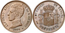 1905*1912. Alfonso XIII. SMV. 1 peseta. (AC. 66). Prueba adoptada en cobre. Golpecito en canto. Bella. Muy rara. 5,11 g. S/C-.
