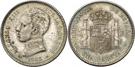 1903*1903. Alfonso XIII. SMV. 1 peseta. (AC. 67). Bella. Brillo original. 5,06 g. EBC+.