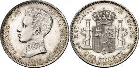 1905*1905. Alfonso XIII. SMV. 1 peseta. (AC. 70). Bella. Escasa y más así. 4,94 g. EBC+.