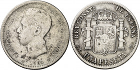 1906. Alfonso XIII. SMV. 1 peseta. (Barrera 1123). Falsa de época. Fecha inexistente en acuñaciones oficiales. Estrellas ilegibles. 4,73 g. BC.