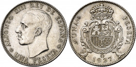1927*1927. Alfonso XIII. 1 peseta. (AC. 74). Prueba no adoptada en plata. Sin ensayador. Bella. Rarísima. 5 g. S/C-.