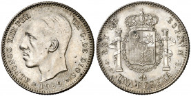 1929*1929. Alfonso XIII. PCS. 1 peseta. (AC. 78, mismo ejemplar). Prueba no adoptada en plata. Bella. Rarísima. 4,95 g. S/C-.