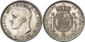1930*1930. Alfonso XIII. CLP. 1 peseta. (AC. 80, mismo ejemplar). Prueba no adoptada en plata. Firmado: M. MARTIN. Bella. Brillo original. Rarísima. 5...