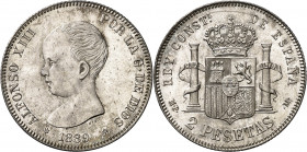 1889*1889. Alfonso XIII. MPM. 2 pesetas. (AC. 82). Leves marquitas. Bella. Brillo original. Rara así. 10 g. S/C-.