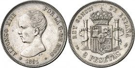 1891*1891. Alfonso XIII. PGM. 2 pesetas. (AC. 84). Leves marquitas. Atractiva. Rara. 9,94 g. EBC-/EBC.