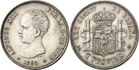 1892*1892. Alfonso XIII. PGM. 2 pesetas. (AC. 85). Leves rayitas. Atractiva. 10,09 g. EBC/EBC-.