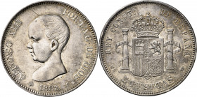 1888*1888. Alfonso XIII. MSM. 5 pesetas. (AC. 89). Mínimos golpecitos y rayitas, pero extraordinario ejemplar para este raro "duro". 25 g. EBC-.