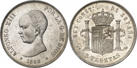 1888*1888. Alfonso XIII. MPM. 5 pesetas. (AC. 92). Bella. Brillo original. Escasa así. 25,13 g. S/C-.